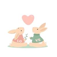 due simpatici conigli sono seduti in una radura. conigli innamorati. illustrazione per la carta di San Valentino. vettore