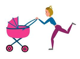 allenamento con un passeggino. una ragazza fa esercizi sportivi con il suo bambino. vettore