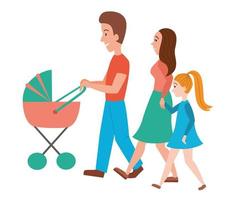una coppia di genitori con un passeggino e un bambino. una famiglia felice cammina con due bambini. vettore