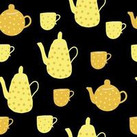 modello senza cuciture di teiera e tazze. scarabocchio disegnato a mano. , cartone animato, minimalismo. colori di tendenza 2021. carta da parati, confezioni, tessuti, banner cucina tè caffè bevande tovaglia caffè vettore