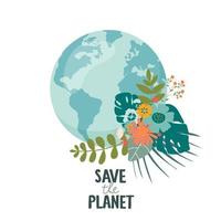 salva il pianeta terra, ecologia eco protezione ambientale, cambiamenti climatici, giornata della terra 22 aprile, pianeta con foglie emblema vettoriale con foglie illustrazione isolato, sfondo blu. logo