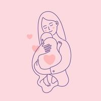 la mamma tiene il bambino tra le braccia. logo lineare, emblema. maternità e cura dei bambini. illustrazione vettoriale