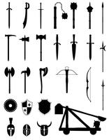 le armi antiche di battaglia hanno messo l&#39;illustrazione nera di vettore delle azione della siluetta delle icone