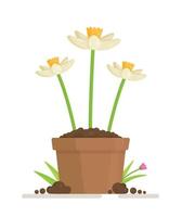 l'inizio della primavera e il lavoro nell'orto e nell'orto. illustrazione vettoriale di un fiore di primavera in un vaso. piantine di piccole piante.