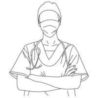 illustrazione del disegno a tratteggio di un bel giovane chirurgo o infermiera medica in posa indossando uniforme scrub con le braccia conserte o incrociate e uno stetoscopio. un ritratto di una dottoressa con un fonendoscopio vettore