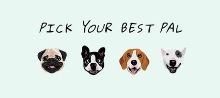 scegli lo slogan del tuo migliore amico con l'illustrazione del fumetto di facce di cane vettore
