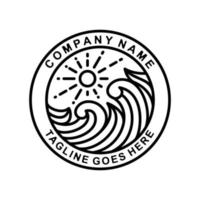 onda del sole dell'oceano con stile art linea, vettore di progettazione del logo dell'emblema del francobollo