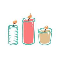 le candele profumate per aromaterapia sono isolate su uno sfondo bianco. illustrazione vettoriale con decorazione domestica hygge, un elemento di design decorativo festivo. illustrazione colorata del fumetto piatto.