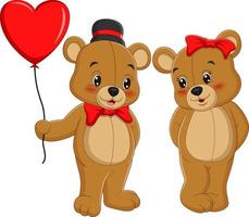 coppia di simpatici orsacchiotti che danno palloncini d'amore presenti vettore