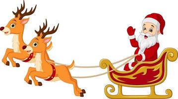 cartone animato Babbo Natale cavalca in slitta con le renne vettore