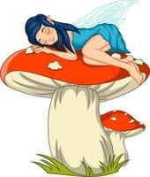 piccola fata del fumetto che dorme sul fungo vettore