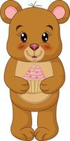 cartone animato carino orsacchiotto che tiene un cupcake vettore
