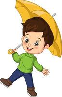 ragazzo carino cartone animato con ombrello giallo vettore