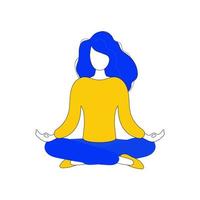 la ragazza sta meditando. la donna è impegnata nello yoga. icona per presentazione, cartoline e applicazioni. colore giallo e blu. vetkor. vettore