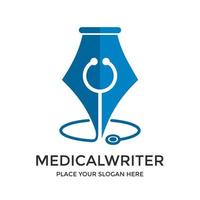 modello di logo vettoriale scrittore medico. questo disegno usa il simbolo della penna e dello stetoscopio. adatto per l'istruzione o l'editore.