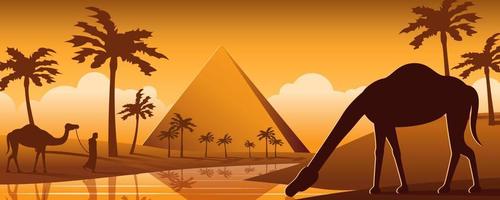 cammello bere acqua nella vicina piramide del deserto dell'oasi, disegno del fumetto della siluetta vettore