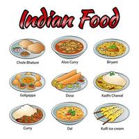 set di cibo delizioso e famoso indiano nell'icona del design a gradiente colorato vettore