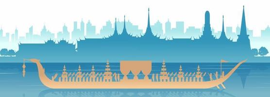 Scenario di silhouette della barca reale tailandese fila nel fiume a Bangkok, capitale della Thailandia, cerimonia difficile da vedere vettore