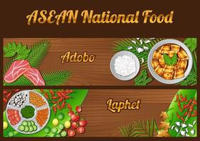 Gli elementi degli ingredienti alimentari nazionali dell'Asean hanno impostato il banner su sfondo di legno, myanmar e filippine vettore