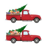 ritiro rosso. camioncino vintage con albero di natale e regali nel bagagliaio. auto di Natale retrò. vettore
