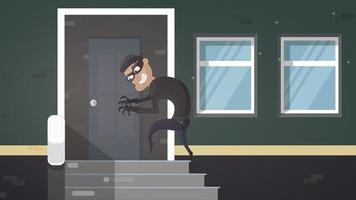 ladro in maschera nera utilizzando il mazzo di chiavi scheletro irruzione entrando in casa ladro criminale carattere porta aperta casa notte interno piatto orizzontale vettore