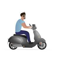 il ragazzo sta guidando uno scooter. un uomo su un motorino è isolato su uno sfondo bianco. illustrazione vettoriale. vettore