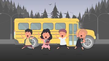 bambini felici e uno scuolabus. i bambini vanno a scuola. autobus giallo per la scuola. vetkor. vettore