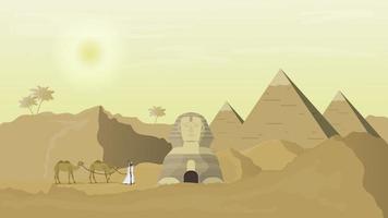 un pastore guida i cammelli attraverso il deserto. piramidi egizie, sfinge. vettore. vettore