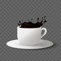 tazza realistica con schizzi di caffè. illustrazione vettoriale. vettore