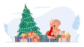 bambini felici con doni. bambini felici, scatole regalo, albero di natale. isolato. vettore. vettore