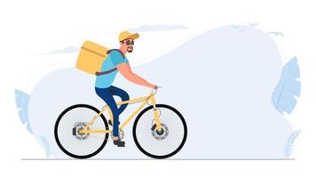 consegna cibo in bicicletta. il ragazzo in bicicletta va nel parco. concetto di consegna della bicicletta. illustrazione di riserva di vettore. vettore