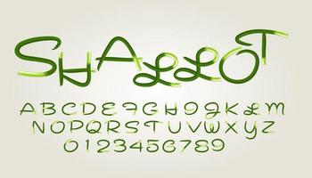 design del carattere in stile scalogno verde, lettere e numeri dell'alfabeto, vettore eps10.