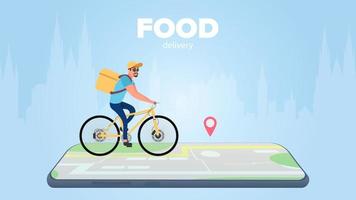 banner per la consegna di cibo. ciclista con uno zaino giallo su una bicicletta. mappa con un segno. concetto di consegna dell'ordine per smartphone. vettore. vettore