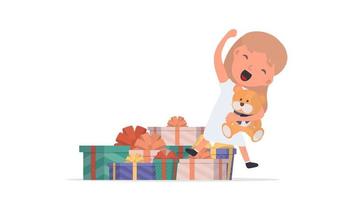 una bambina felice con un orsacchiotto e tanti regali. bambino felice con i regali. isolato. vettore. vettore