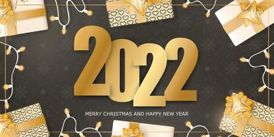 Bandiera marrone 2022. buon Natale e Felice Anno nuovo. sfondo con scatole regalo realistiche, ghirlande e lampadine. vettore. vettore