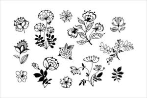set di vettore floreale disegnato a mano con foglie, fiori e rami. insieme di vettore dei fiori di scarabocchio. illustrazione vettoriale. piatto.