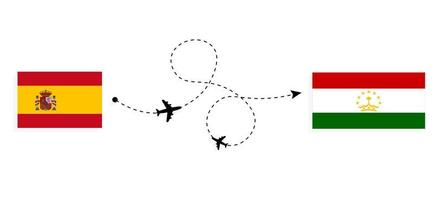 volo e viaggio dalla spagna al tagikistan con il concetto di viaggio in aereo passeggeri vettore