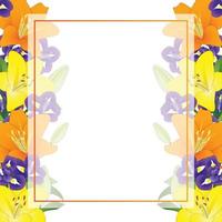 giglio arancione giallo e bordo di carta banner fiore iris blu vettore