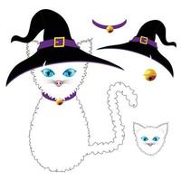 gatto bianco con occhi azzurri. cappello da strega, colletto viola e campana dorata. il giorno di Halloween. illustrazione vettoriale. vettore