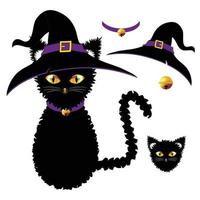 gatto nero con occhi gialli. cappello da strega, colletto viola e campana dorata. il giorno di Halloween. illustrazione vettoriale. vettore