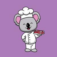 carino chef koala che tiene bistecca di manzo cartone animato icona vettore illustrazione. concetto di icona di cibo per animali isolato vettore premium. stile cartone animato piatto