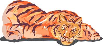 illustrazione vettoriale, la tigre si sdraia con la testa sulle zampe. Sfondo trasparente. animale selvatico, gatto grande, simbolo dell'anno. animali selvatici vettore