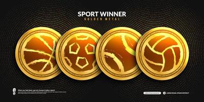 set di medaglie d'oro vincenti nello sport, pallavolo, calcio, tennis, basket, medaglie realistiche per il raggiungimento del primo secondo terzo posto vettore