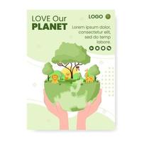 salva il modello di poster del pianeta terra ambiente di design piatto con illustrazione modificabile eco-compatibile sfondo quadrato per social media o biglietto di auguri vettore