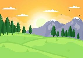 paesaggio di alba della scena mattutina montagne, collina, lago e valle in natura piatta per poster, banner o illustrazione di sfondo vettore