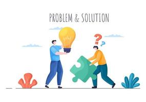 problema e soluzione nel business solving per cercare idee con il concetto di lavoro di squadra può essere utilizzato per banner web o illustrazione piatta di sfondo vettore