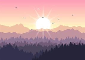 paesaggio di alba della scena mattutina montagne, collina, lago e valle in natura piatta per poster, banner o illustrazione di sfondo