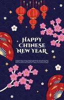 fiore lanterna fan felice anno nuovo cinese celebrazione biglietto di auguri blu vettore