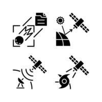 satelliti per il monitoraggio del clima icone del glifo nero impostate su uno spazio bianco. satellite di telerilevamento. sistema di osservazione meteorologica terrestre. simboli di sagoma. illustrazione vettoriale isolato