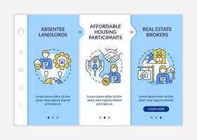 modello di onboarding blu e bianco dei clienti dei gestori di proprietà. immobiliare. sito Web mobile reattivo con icone concettuali lineari. procedura guidata della pagina web in 3 schermate. lato-grassetto, caratteri regolari utilizzati vettore